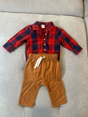Nordstrom Red & Navy Plaid Button-Up Top with Brown Corduroy Pants 3m cute fall
